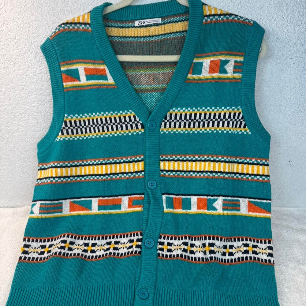 Zara Retro Geometric Knit Sweater Vest Teal Multi Button Front Womens Medium